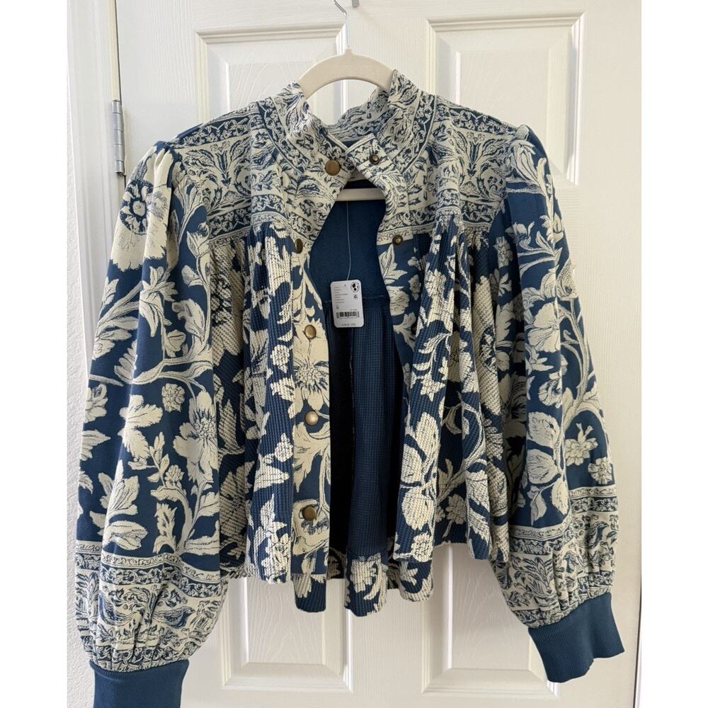 Free People Navy and Cream Floral Cropped Bomber Jacket